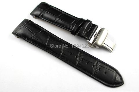 23mm (Buckle 20mm) T035617A High Quality Silver Butterfly Buckle + T035439 Black Genuine Leather curved end Watchband belts man ► Photo 1/6