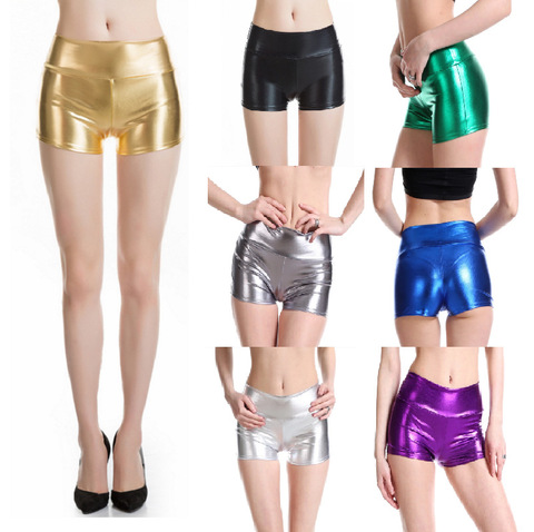lady summer fake leather punk Shorts Mid waist bright Shine party polo Dance disco Shorts Woman Silver green golden Short pant ► Photo 1/6
