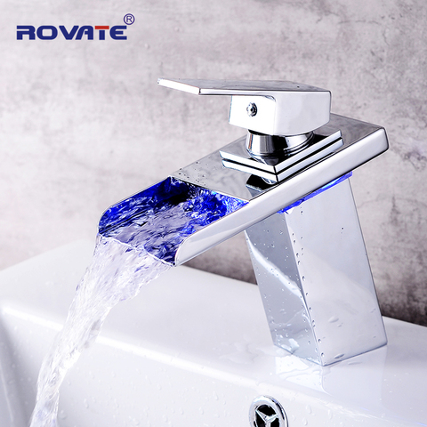 ROVATE LED Basin Faucet  Watefall Sink Taps Colors Change with Temperature Bathroom Mixer Brass ► Photo 1/6