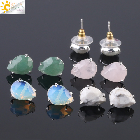 CSJA Water Drop Shape Stud Earrings Silver Color Natural Stone Faceted Pink Quartz Crystal Tiger Eye Healing Jewelry Female G035 ► Photo 1/6