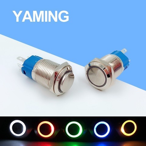 16mm Metal Push Button Switch Ring LED Lamp 5-380V Momentary/Latching Waterproof IP65 Auto Engine car door switch colorful ► Photo 1/6