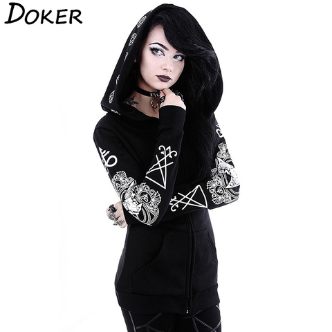 5XL Gothic Punk Print Hoodies Sweatshirts Women Long Sleeve Black Jacket Zipper Coat Autumn Winter Female Casual Hooded Tops ► Photo 1/6