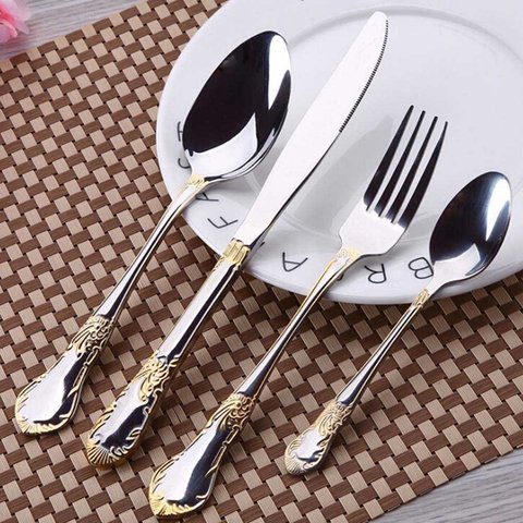 4pcs Stainless Steel Dinnerware Sets High-grade Knife Fork And Spoons Cutlery Kits Gold Plated Floral Pattern Tableware Dropship ► Photo 1/6