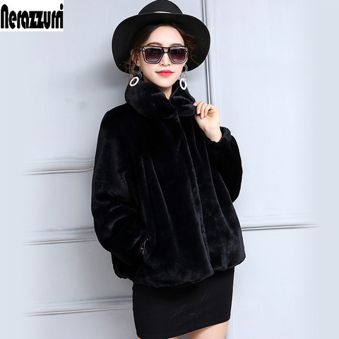 Nerazzurri Autumn short light faux fur jacket women long sleeve high waist Plus size Fashion 5xl 6xl 7xl Pleated fake fur coats ► Photo 1/6