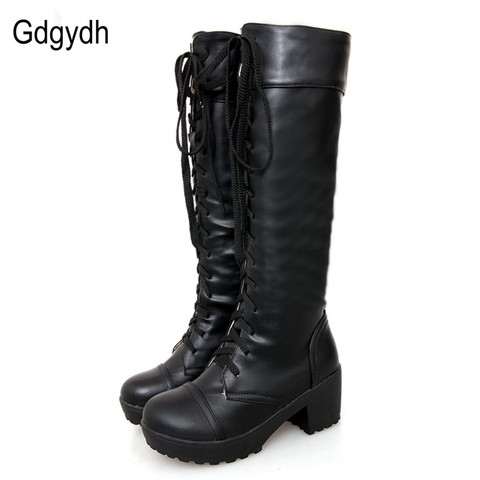 Gdgydh Large Size 43 Lace Up Knee High Boots Women Autumn Soft Leather Fashion White Square Heel Woman Shoes Winter Hot Sale ► Photo 1/6