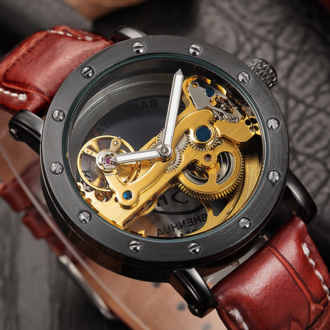 SHENHUA Top Brand Luxury Automatic Golden Bridge Mechanical Watch Leather Strap Skeleton Watches relogio masculino ► Photo 1/5