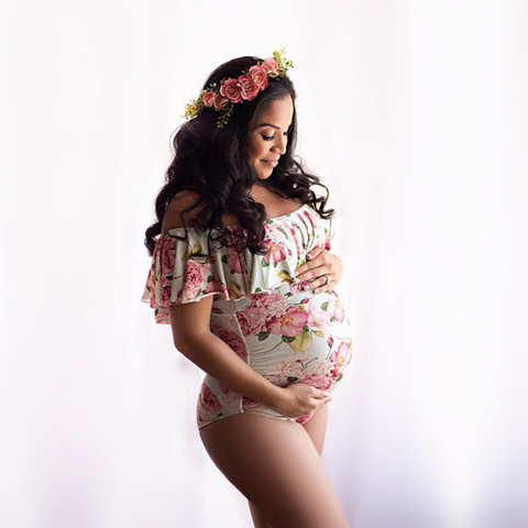Summer Floral Printing Stretchy Maternity Photo Shoot Bodysuits Slash Neck Ruffles Pregnant Women Photography Jumpsuits ► Photo 1/6