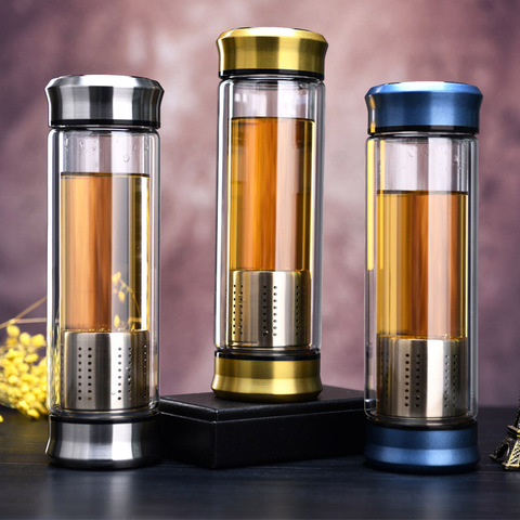 Glass Water Bottle With Loose Leaf Tea Strainer Tea Infuser Double wall Glass Bottle Free to disassemble Thermos 300ML 400ML ► Photo 1/6