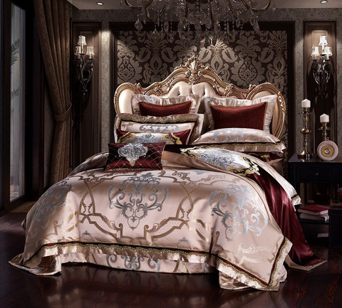 Golden Silk Cotton Luxury Satin Jacquard Bedding Set Queen King size Wedding Bedding Sets Bed Sheet/Spread Set Duvet Cover ► Photo 1/6