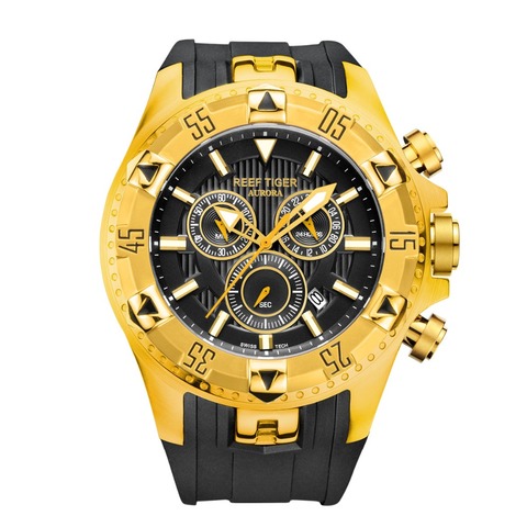 Reef Tiger/RT Sport Mens Watch with Chronograph Date Yellow Gold Rubber Strap Quartz Watches reloj hombre masculino RGA303 ► Photo 1/6