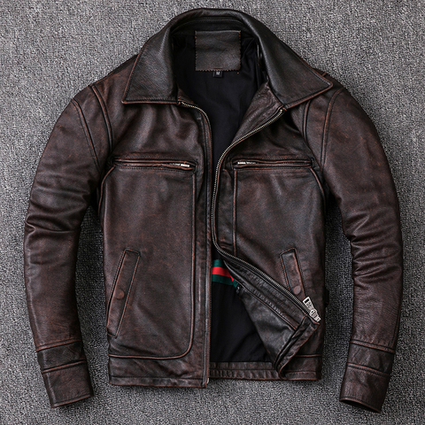 2022 Fashion Retro Vintage Genuine Leather Jacket Men Short Lapels CowSkin Motorcycle Leather Jacket Slim Fit Biker Coat Male ► Photo 1/1