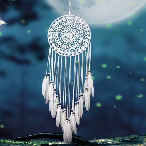Handmade Dream Catchers Hanging White Lace Flower Dreamcatcher Wind Chimes Indiana Feather Pendant Creative Car Decoration ► Photo 1/6