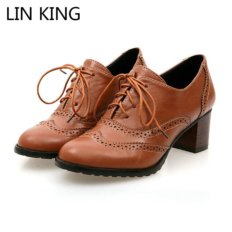 Womens Fashion Block High Heels Round Toe Lace Up Shoes Oxfords Brogue Plus Size