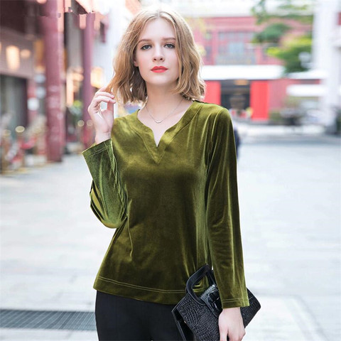 Plus Size M-7XL Women V neck gold velvet shirt casual full sleeves loose velour blouse playsuit streetwear summer autumn tops ► Photo 1/5