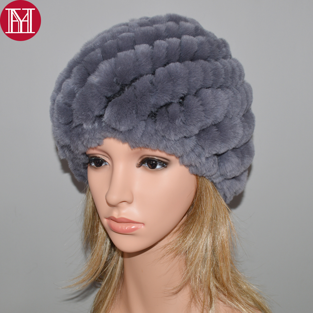 Winter Women Real Rabbit Fur Hats Beanies Knitted Fur Caps Floral Striped Design 