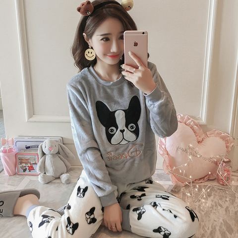 2 PIECE Flannel Pajama Set Cute dog top + long pants Nightwear Home Wear women print lingerie Winter Warm Pyjama Round Neck ► Photo 1/5