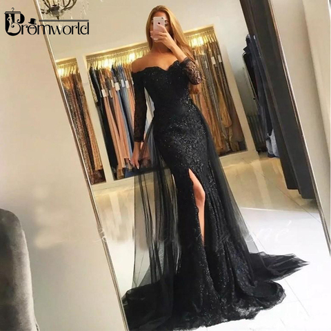 Black Muslim Evening Dresses 2022 Mermaid 3/4 Sleeves Lace Beaded Slit Tulle V-Neck Dubai Kaftan Saudi Arabic Long Evening Gown ► Photo 1/4