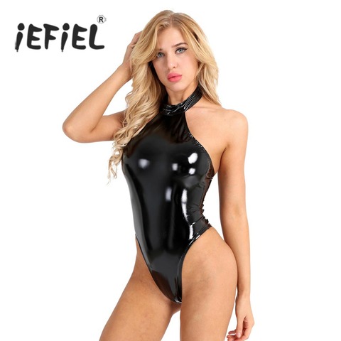iEFiEL Womens Wetlook Bodystockings High Cut Halter Backless Leotard Bodysuit Sexy Clubwear Bodycon Rompers for Evening Party ► Photo 1/6