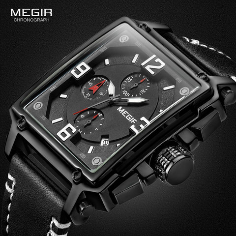 MEGIR Men's Sports Chronograph Wrist Watch for Men Army Leather Square Quartz Stop Watch Clock Man Relogios Masculino 2061Black ► Photo 1/6