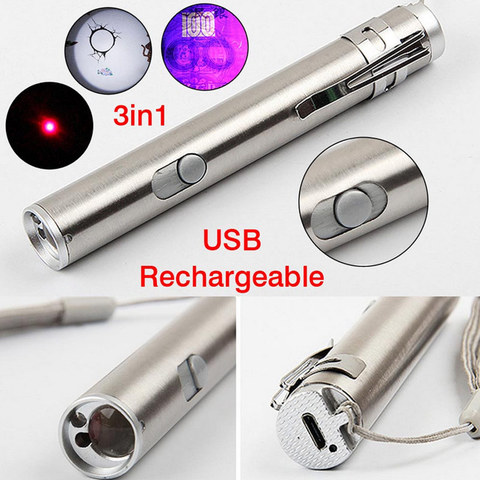New 3 in1 500LM Mini USB Rechargeable LED Laser UV Torch Pen Flashlight Multifunction Lamp with Battery for Outdoor CLH@8 ► Photo 1/6