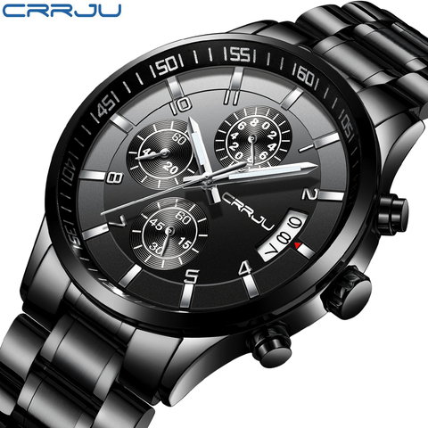CRRJU Brand Men Chronograph Luxury Waterproof Watches,Fashion Black Business Stainless Steel Clock For Men relogio masculino ► Photo 1/6