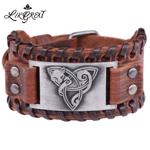 LIKGREAT Viking Jewelry Leather Bracelet Fox Triquetra Fenrir Animal Teen Wolf Trinity Faith Blessing Cuff Bracelets Snap Button ► Photo 1/6
