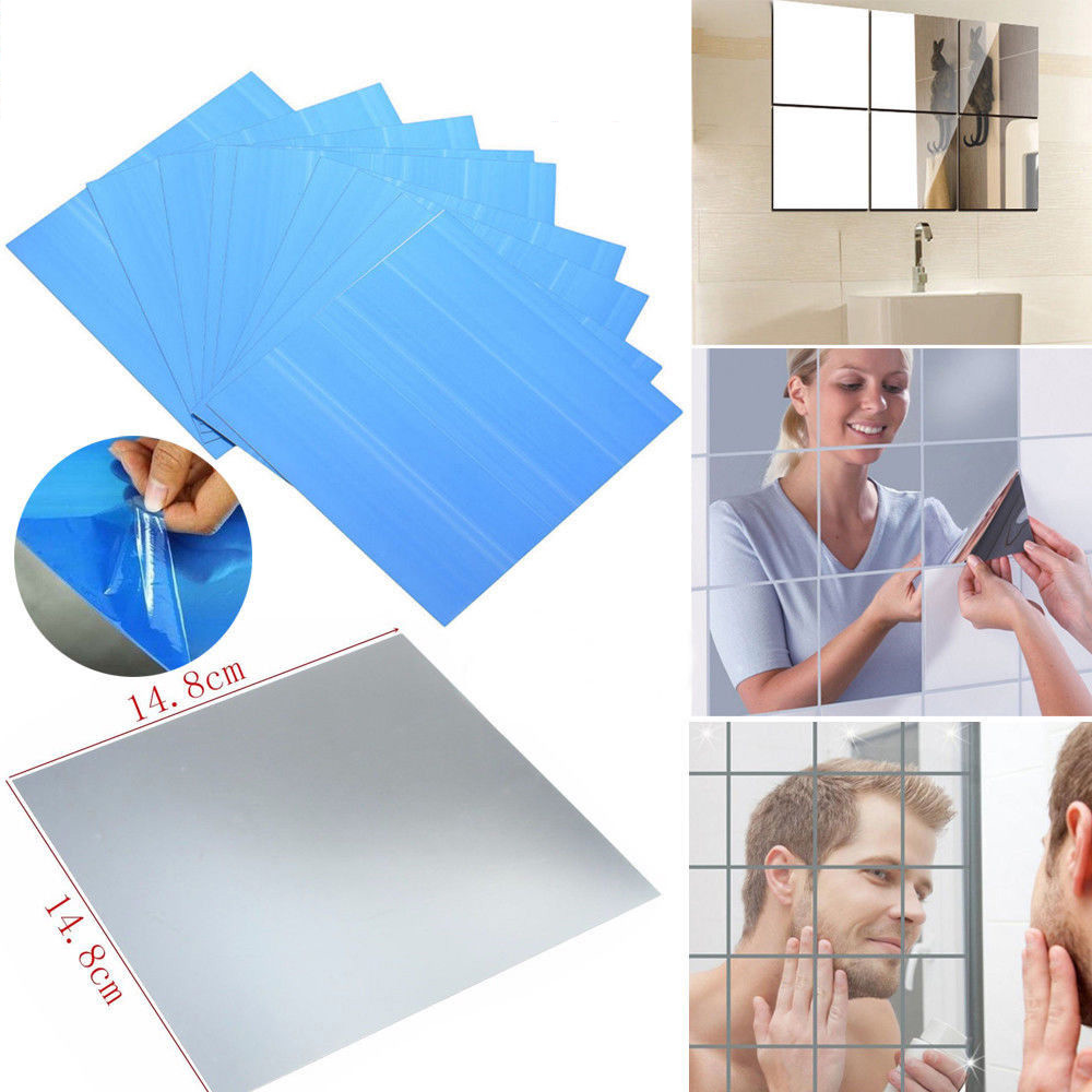 16pcs 15x15cm Self Adhesive Mirror Reflective Tile Wall Stickers Film Wall Paper 