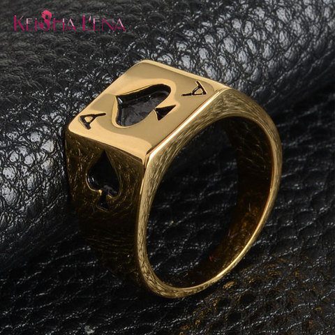 HIP Hop Micro Pave  Iced Out Bling Big Square Spades poker Ring IP plating Gold color Stainless Steel Rings for Men Jewelry ► Photo 1/6