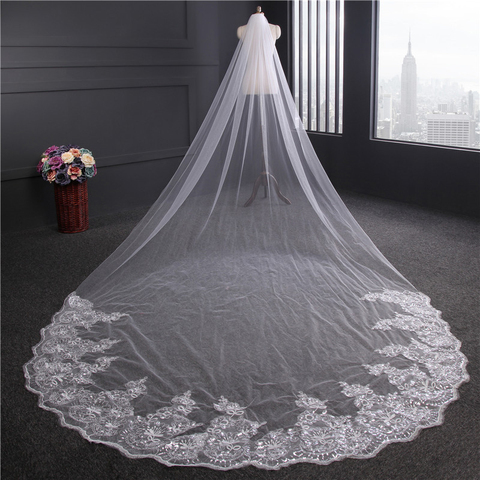 Long Lace White Ivory Cathedral Bridal Veils with Comb Wedding Accessories  Bride
