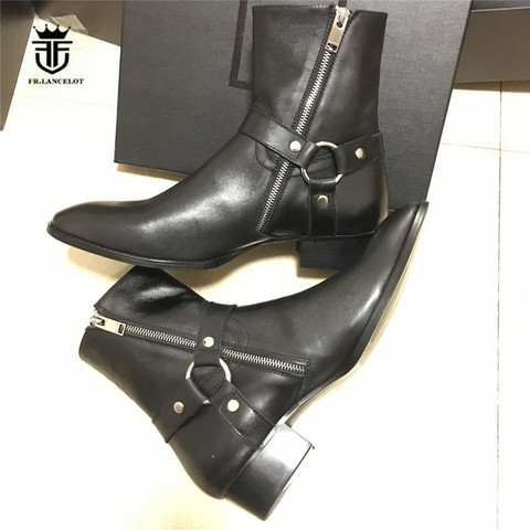 Real Picture Full Genuine Leather Handmade Boutique Wedge Dress Party luxury Denim Boots Wyatt Harry Buckle Strap Zipper Boots ► Photo 1/1