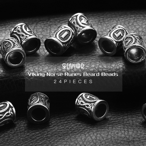 REAMOR 24 Styles Stainless Steel Viking Norse Runes Beard Spacer Beads 8mm Big Hole Futhark Bead For DIY Bracelet Jewelry Making ► Photo 1/1