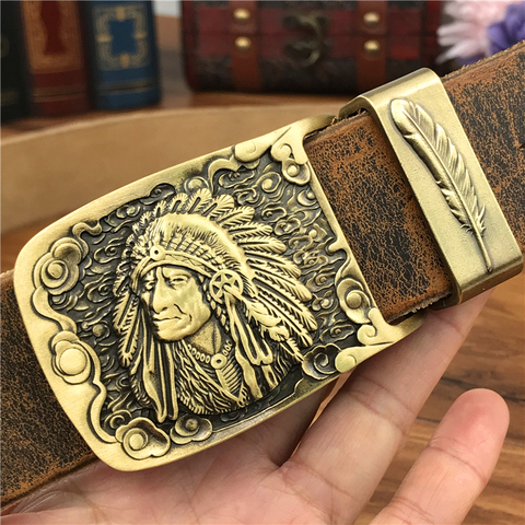 Chief Cowboy Brass Belt Buckle Leather Belt Men Jeans Retro Yellow Belts Men Leather Metal Wide Waist Belt Men Ceinture MBT0070 ► Photo 1/6