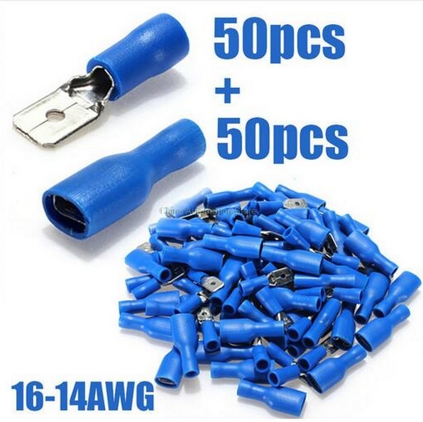 100Pcs Blue Pro Male Blade Quick Slide Insulated Wire Cable Terminals Connectors 
