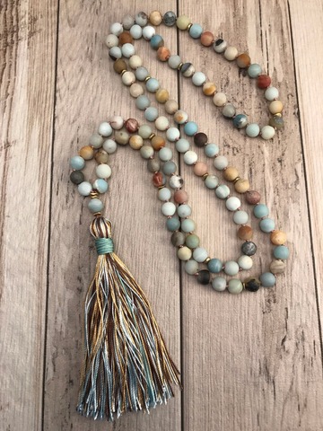 Matte Amazonite Bead Necklace 108 Mala Beads Necklace Hand Knotted Meditation Jewelry Long Silk Tassel Yoga Mala Jewelry ► Photo 1/6