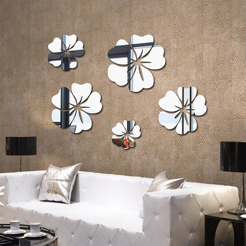 5 pcs Flower Pattern Wall Sticker Home Decor 3D Wall Decal Art DIY Mirror Wall Stickers Living Room Decoration Silver/Gold ► Photo 1/6