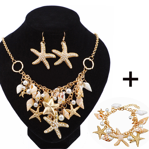 Lot Starfish Sea Snail Earrings Necklace Bracelet Suit Pearl Shell Double Sautoir Charm Conch Seashell Drop Earring Jewelry Sets ► Photo 1/6