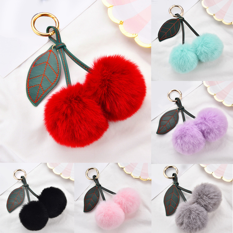 Fashion New Cute Fluffy Artificial Rabbit Fur Ball Pompom Leaf Keychain Cherry Key Chain Handbag Pendant Car Key Chain Ring ► Photo 1/6
