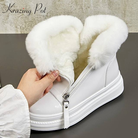 Krazing pot genuine leather round toe flat platform keep warm rabbit fur decoration cold protection sweety girl snow boots L15 ► Photo 1/6