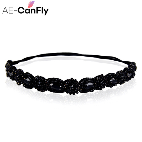 AE-CANFLY Vintage Black Queen Shiny Crystal Beads Elastic Headband Women Hair Accessorie 1H5004 ► Photo 1/6