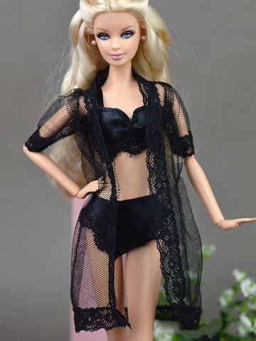 Doll Accessories Black Sexy Pajamas Lingerie Nightwear Lace Long Coat Night Wear + Bra + Underwear Clothes For Barbie Doll ► Photo 1/5