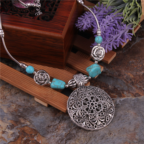 Bohemian Carved Tibetan Silver Color Stone Vintage Necklaces & Pendants Chain Jewelry Bijouterie For Women Girl's ► Photo 1/5