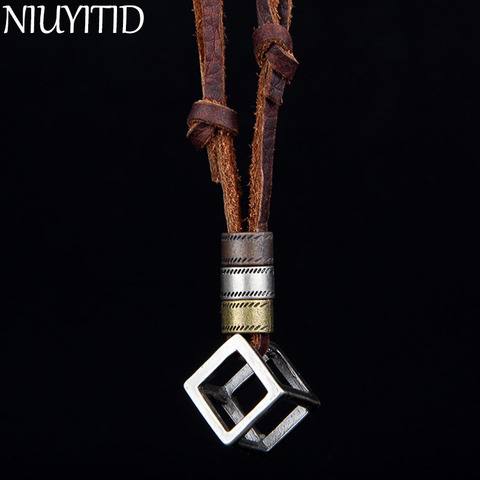 NIUYITID 100% Genuine Leather Men Necklaces Pendants Punk Vintage Adjustable Brown Rope Chain Male Jewelry Mens Jewellery ► Photo 1/6