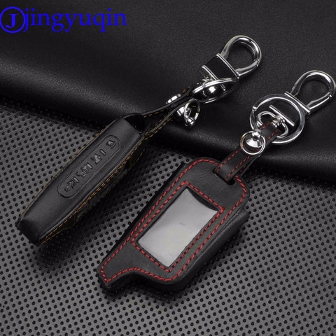 jingyuqin Remote 4 Buttons Leather Case Cover Russian Version Vehicle Security Two Way Car Alarm System LCD TOMAHAWK X5 Keychain ► Photo 1/5