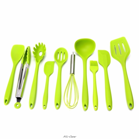 10Pcs/Set Green Heat Resitant Non-stick Silicone Kitchen Utensils Set Cooking Bake Tool Spatula, Spoon, Brush, Wisk, Tong ► Photo 1/6