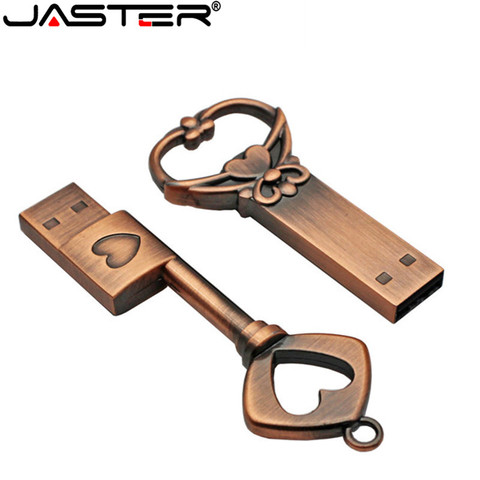 JASTER Copper love heart shaped key usb flash drive pendrive pen drive 4gb 16gb 32gb 64gb metal keys memory Stick wedding gift ► Photo 1/5