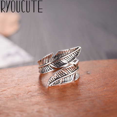 2022 Bijoux Fashion Real Silver Color Feather Rings for Women Boho Adjustable Antique Rings Anillos ► Photo 1/5