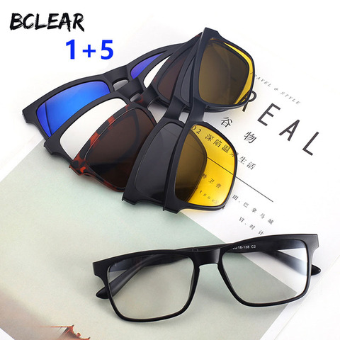 BCLEAR fashion unisex TR90 optical frame with 5 sun lenses clip on polarized sunglass night vision magnetic spectacle frames ► Photo 1/6