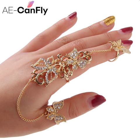 AE-CANFLY Rhinestone Flower Butterfly Full Finger Rings for Women Gold Chian Link Double Armor Ring Wholesale ► Photo 1/6