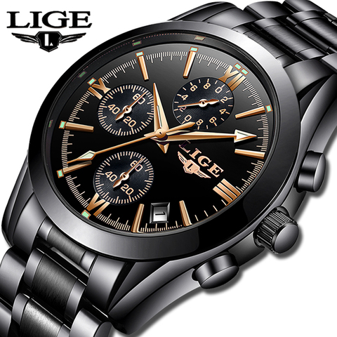 LIGE Mens Watches Top Brand Luxury Fashion Business Quartz Watch Men Sports Full Steel Waterproof Black Clock Relogio Masculino ► Photo 1/6