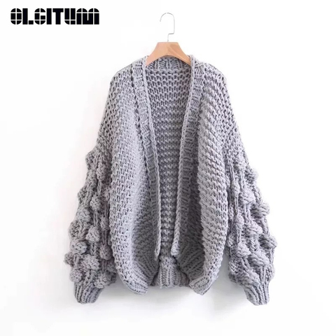 New Autumn/inter Women Fashion Warm Sweater Handmake Knitted Cardigan Lantern Sleeves 2022 Lazy Style Short Outwear Female ► Photo 1/6
